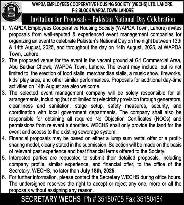 Wapda Employees Cooperative Housing Society Lahore Tender Notice